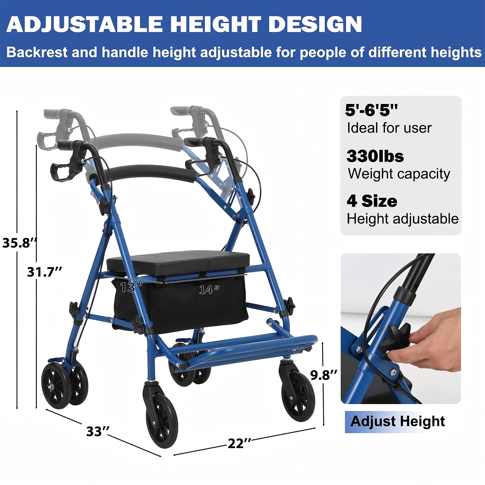 Garvee 2-in-1 Rollator Walker & Transport Wheelchair | 300lbs Capacity | Adjustable Height Mobility Aid for Seniors with Padded Seat & Foldable Footrest, Blue