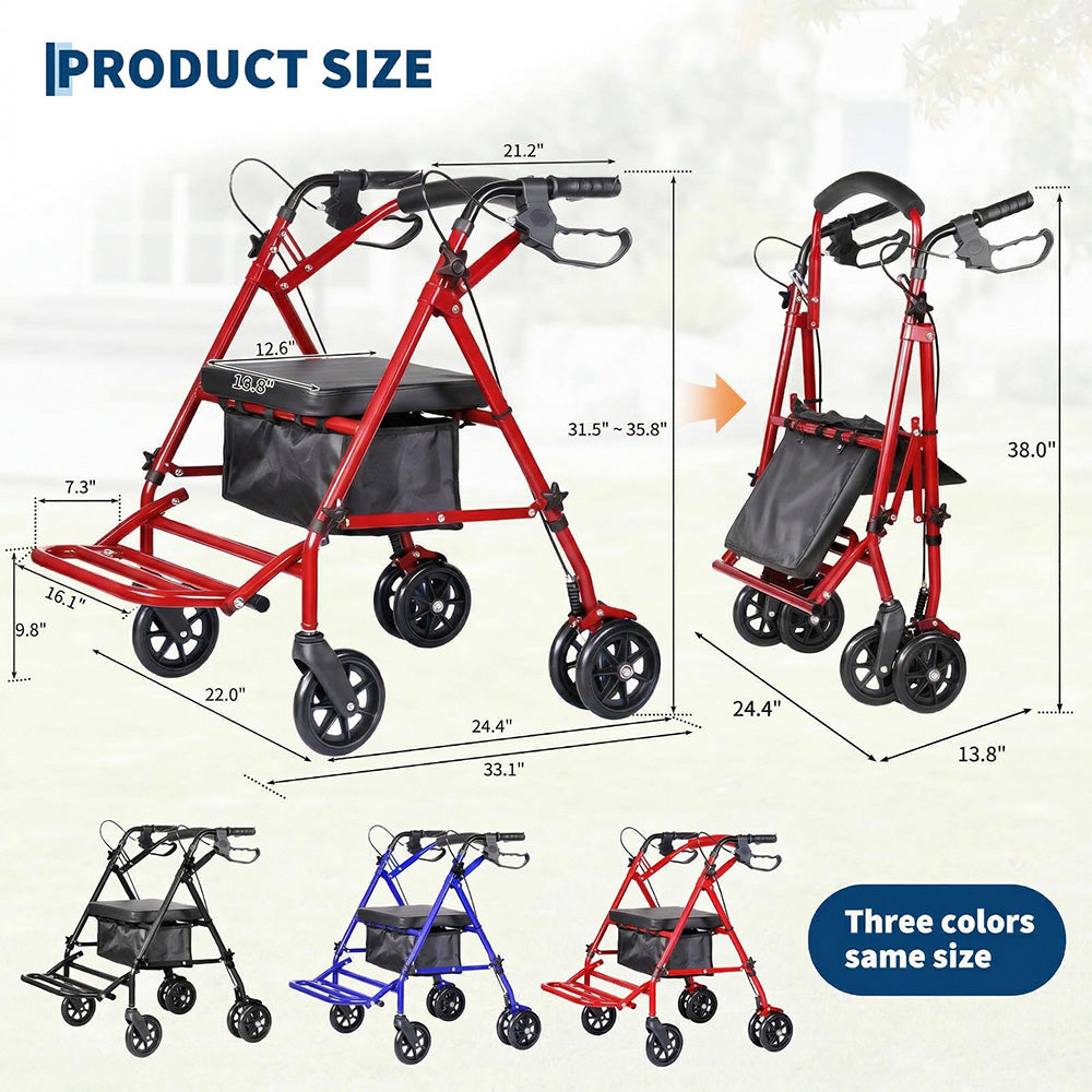 Garvee 2 in 1 Rollator Walker for Seniors with Seat, Foot Pedal, Lightweight Steel, Foldable, Adjustable Height, 6" Wheels, 299lb Capacity, Travel Friendly