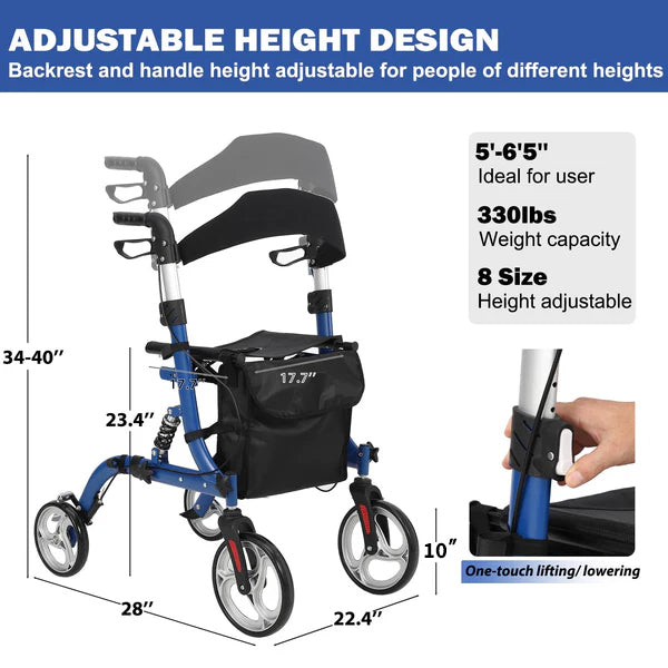 Garvee 2-in-1 Folding Walker & Transport Chair, 300lbs Capacity All-Terrain Rollator with Dual Brake System & Storage Bag, Lightweight Aluminum Frame for Seniors, Shopping, Outdoor Usea