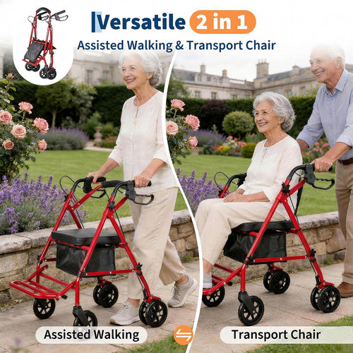 Garvee 2 in 1 Rollator Walker for Seniors with Seat, Foot Pedal, Lightweight Steel, Foldable, Adjustable Height, 6" Wheels, 299lb Capacity, Travel Friendly