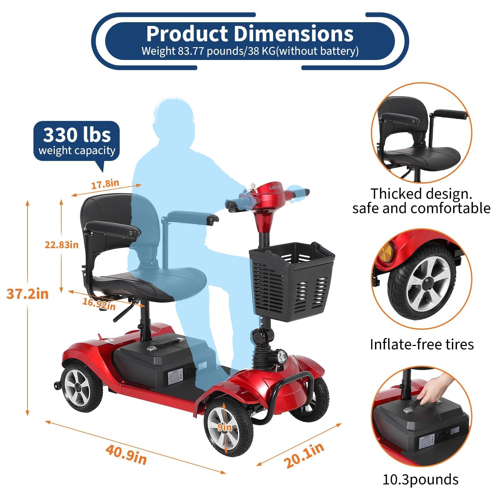 Garvee Foldable 4-Wheel Mobility Scooter for Adults with 350W Motor, 20Ah Battery, 20-Mile Range, Indoor/Outdoor Use, Lightweight Stainless Steel, Black