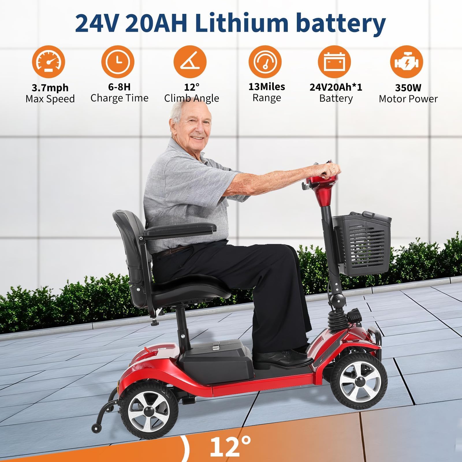 Garvee Foldable 4-Wheel Mobility Scooter for Adults with 350W Motor, 20Ah Battery, 20-Mile Range, Indoor/Outdoor Use, Lightweight Stainless Steel, Black