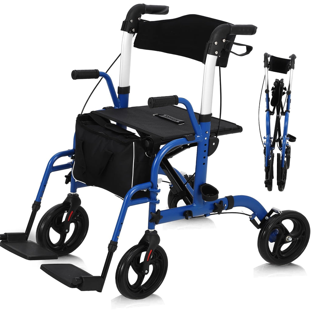 Garvee All-Terrain 2-in-1 Folding Walker & Transport Chair with Rest Seat, Adjustable Handlebars, Dual Brake System, Storage Bag for Seniors, Shopping, Outdoor Use, 300lbs Capacity, Blue