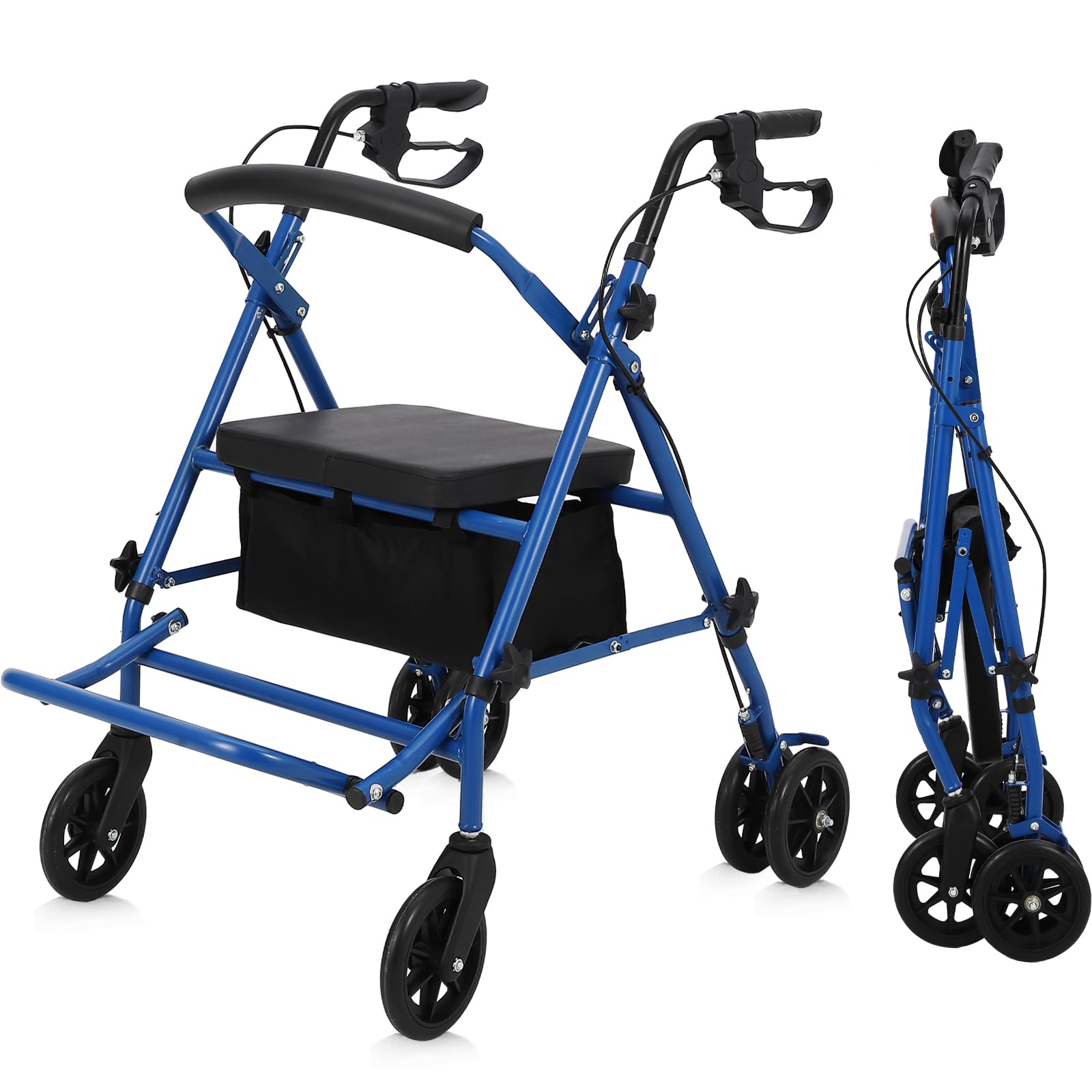 Garvee 2-in-1 Rollator Walker & Transport Wheelchair | 300lbs Capacity | Adjustable Height Mobility Aid for Seniors with Padded Seat & Foldable Footrest, Blue
