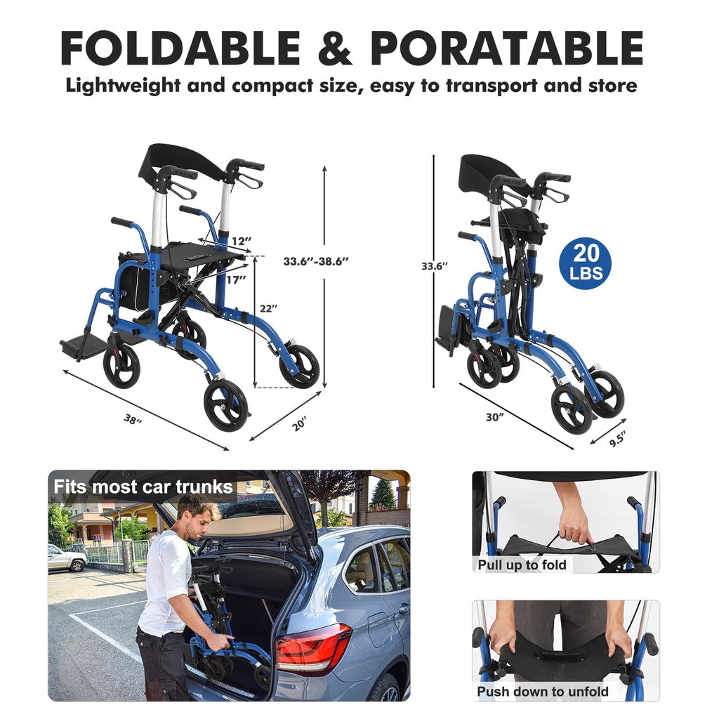 Garvee All-Terrain 2-in-1 Folding Walker & Transport Chair with Rest Seat, Adjustable Handlebars, Dual Brake System, Storage Bag for Seniors, Shopping, Outdoor Use, 300lbs Capacity, Blue