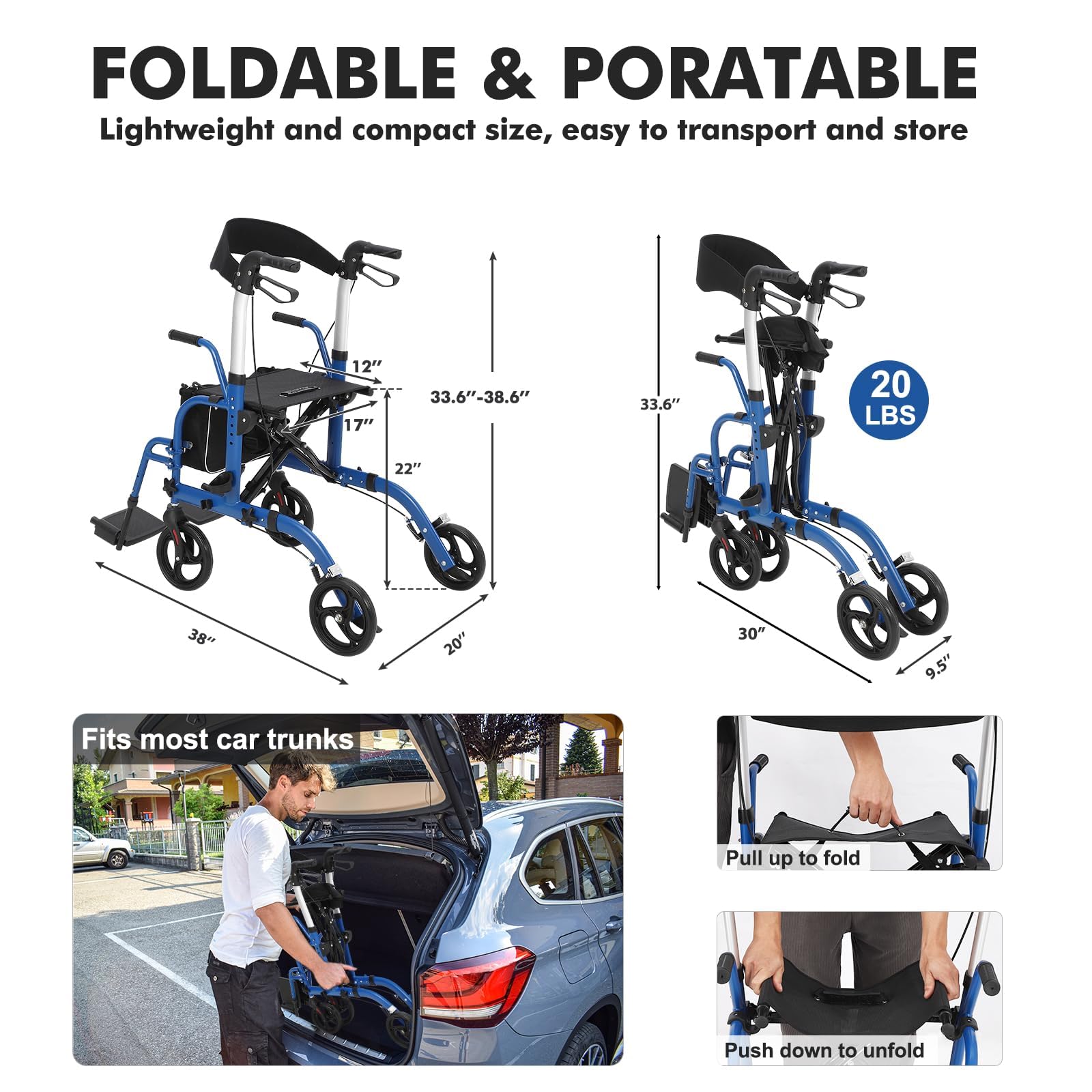 Garvee All-Terrain 2-in-1 Folding Walker & Transport Chair with Rest Seat, Adjustable Handlebars, Dual Brake System, Storage Bag for Seniors, Shopping, Outdoor Use, 300lbs Capacity, Blue