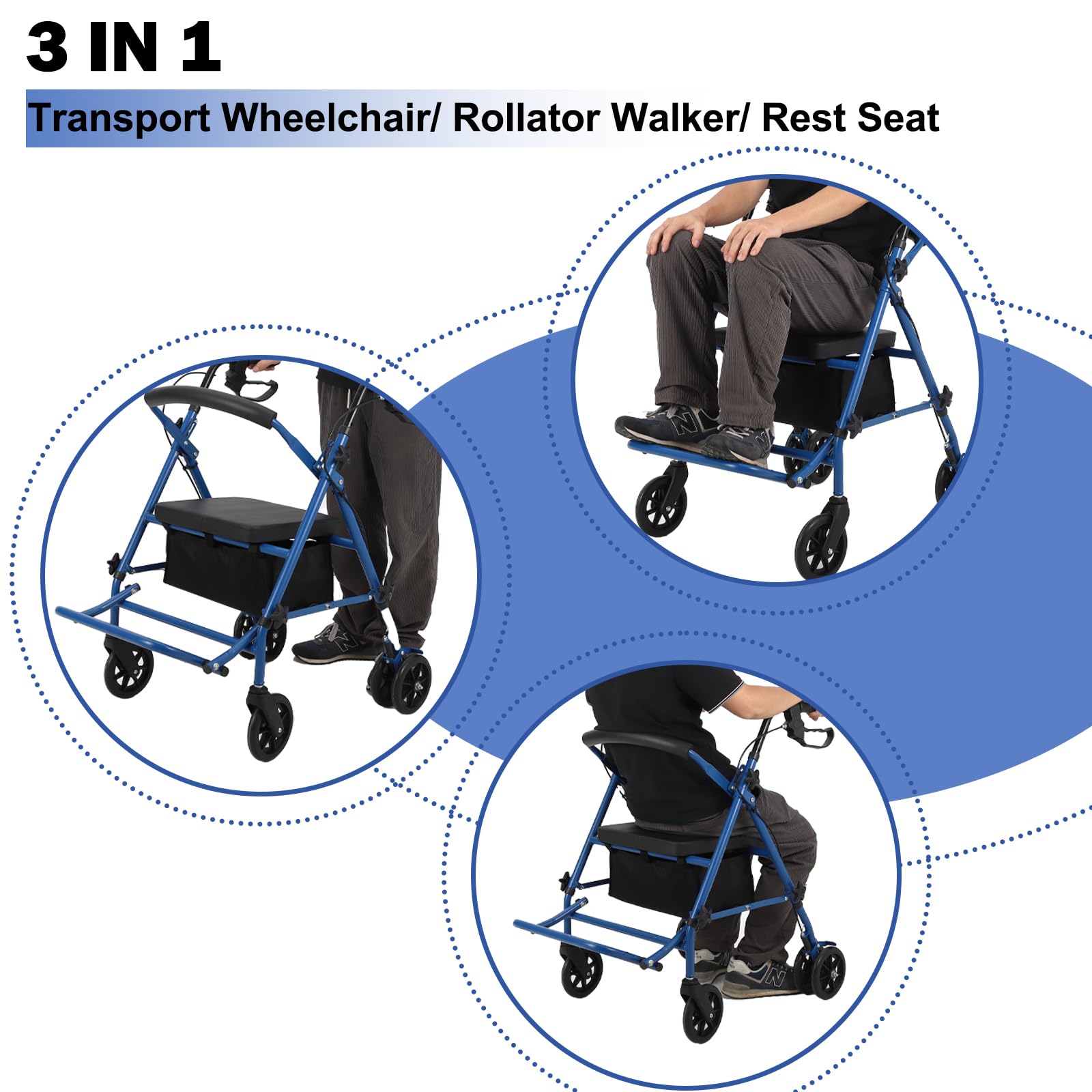 Garvee 2-in-1 Rollator Walker & Transport Wheelchair | 300lbs Capacity | Adjustable Height Mobility Aid for Seniors with Padded Seat & Foldable Footrest, Blue