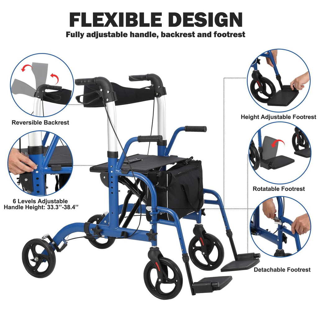 Garvee All-Terrain 2-in-1 Folding Walker & Transport Chair with Rest Seat, Adjustable Handlebars, Dual Brake System, Storage Bag for Seniors, Shopping, Outdoor Use, 300lbs Capacity, Blue