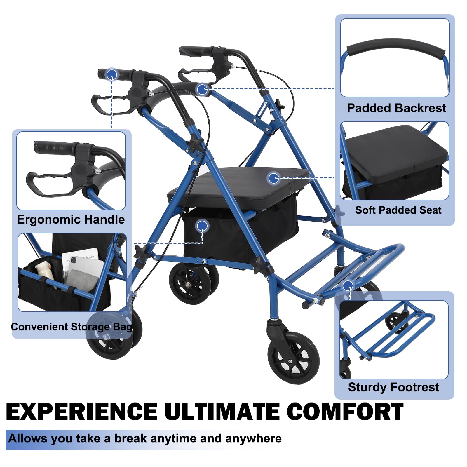 Garvee 2-in-1 Rollator Walker & Transport Wheelchair | 300lbs Capacity | Adjustable Height Mobility Aid for Seniors with Padded Seat & Foldable Footrest, Blue