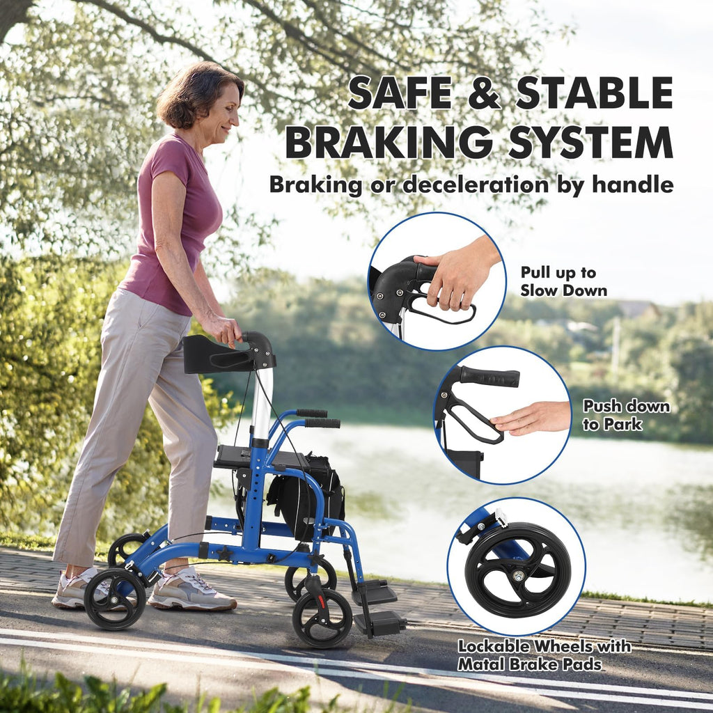 Garvee All-Terrain 2-in-1 Folding Walker & Transport Chair with Rest Seat, Adjustable Handlebars, Dual Brake System, Storage Bag for Seniors, Shopping, Outdoor Use, 300lbs Capacity, Blue