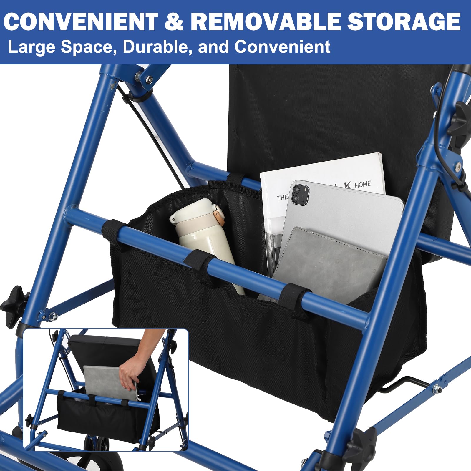 Garvee 2-in-1 Rollator Walker & Transport Wheelchair | 300lbs Capacity | Adjustable Height Mobility Aid for Seniors with Padded Seat & Foldable Footrest, Blue