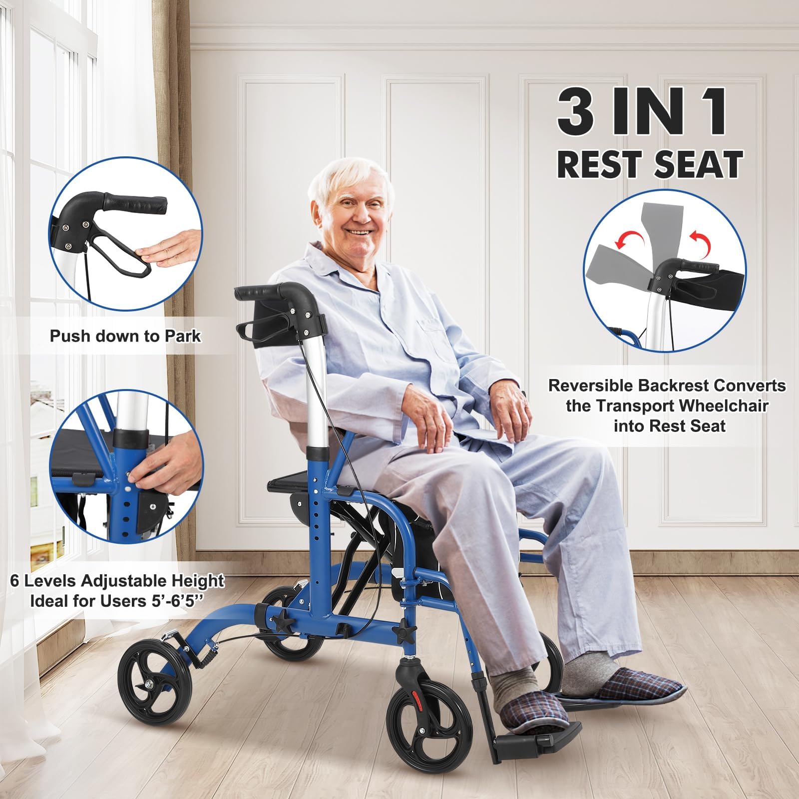 Garvee All-Terrain 2-in-1 Folding Walker & Transport Chair with Rest Seat, Adjustable Handlebars, Dual Brake System, Storage Bag for Seniors, Shopping, Outdoor Use, 300lbs Capacity, Blue