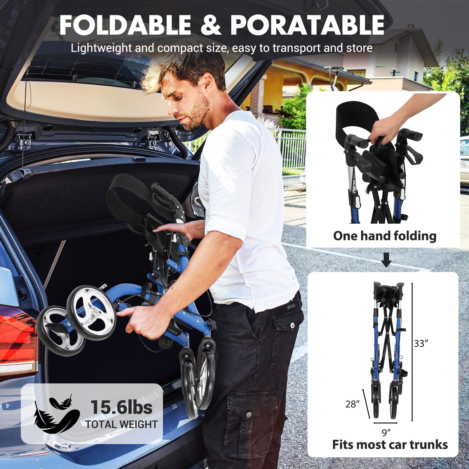 Garvee 2-in-1 Folding Walker & Transport Chair, 300lbs Capacity All-Terrain Rollator with Dual Brake System & Storage Bag, Lightweight Aluminum Frame for Seniors, Shopping, Outdoor Usea