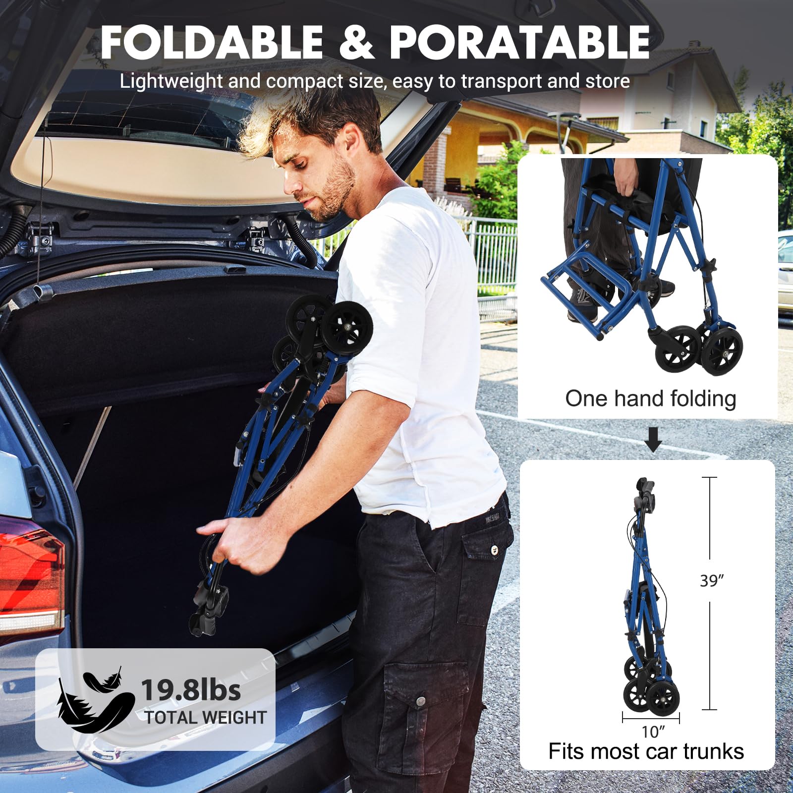Garvee 2-in-1 Rollator Walker & Transport Wheelchair | 300lbs Capacity | Adjustable Height Mobility Aid for Seniors with Padded Seat & Foldable Footrest, Blue