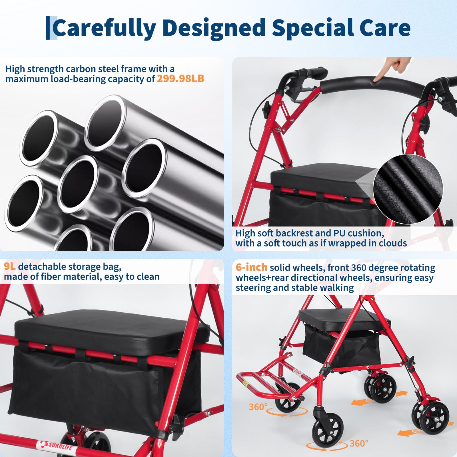 Garvee 2 in 1 Rollator Walker for Seniors with Seat, Foot Pedal, Lightweight Steel, Foldable, Adjustable Height, 6" Wheels, 299lb Capacity, Travel Friendly