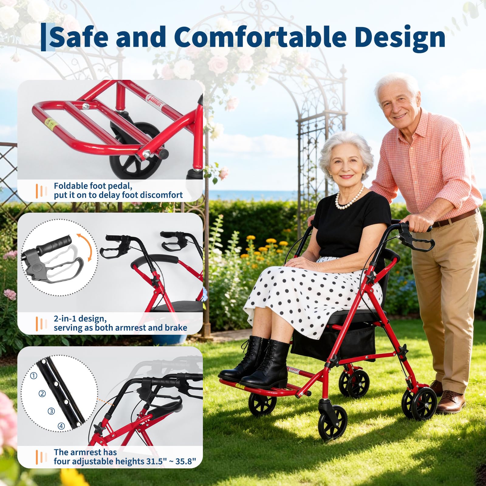 Garvee 2 in 1 Rollator Walker for Seniors with Seat, Foot Pedal, Lightweight Steel, Foldable, Adjustable Height, 6" Wheels, 299lb Capacity, Travel Friendly